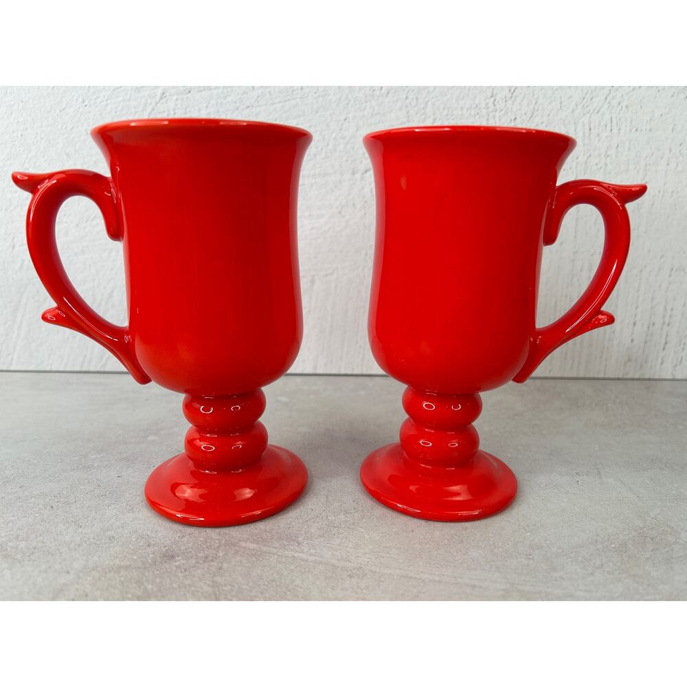 Vintage Retro Red Orange Pottery Footed‎ Pedestal Coffee Cocoa Mugs 5.75 in tall